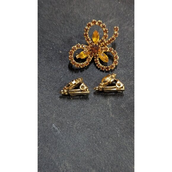 Vintage Rhinestone Bow Brooch & Clip-On Earring Gold tone topaz brown tone - Picture 5 of 9